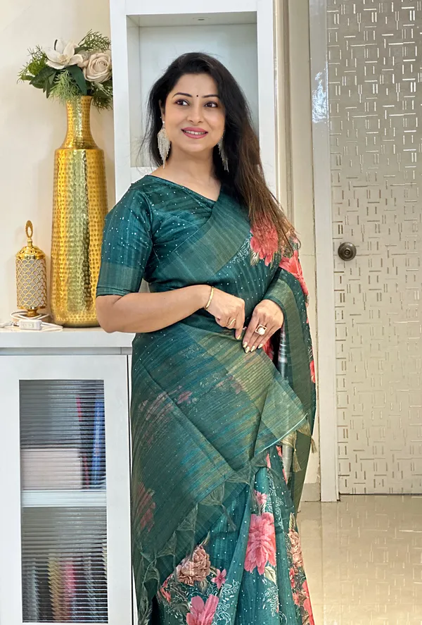Tanisha_Green_–_Navratri_Special_|_Soft_Tussar_Silk_Saree_with_Print,_Pallu_&_Zari_Border_&_Contrast_Print_Blouse_with_Tassels