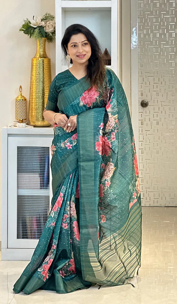 Tanisha_Green_–_Navratri_Special_|_Soft_Tussar_Silk_Saree_with_Print,_Pallu_&_Zari_Border_&_Contrast_Print_Blouse_with_Tassels