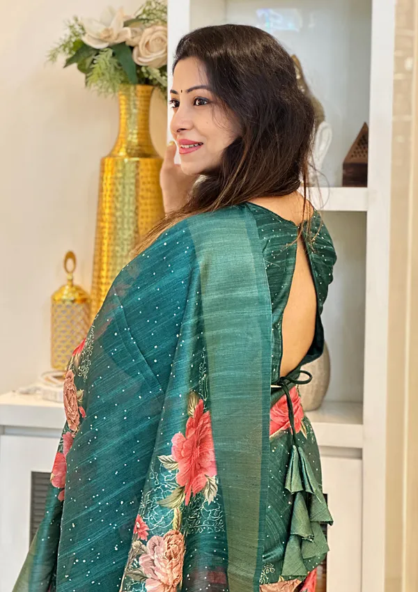 Tanisha_Green_–_Navratri_Special_|_Soft_Tussar_Silk_Saree_with_Print,_Pallu_&_Zari_Border_&_Contrast_Print_Blouse_with_Tassels
