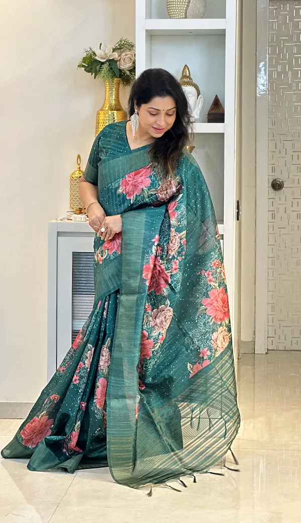 Tanisha_Green_–_Navratri_Special_|_Soft_Tussar_Silk_Saree_with_Print,_Pallu_&_Zari_Border_&_Contrast_Print_Blouse_with_Tassels