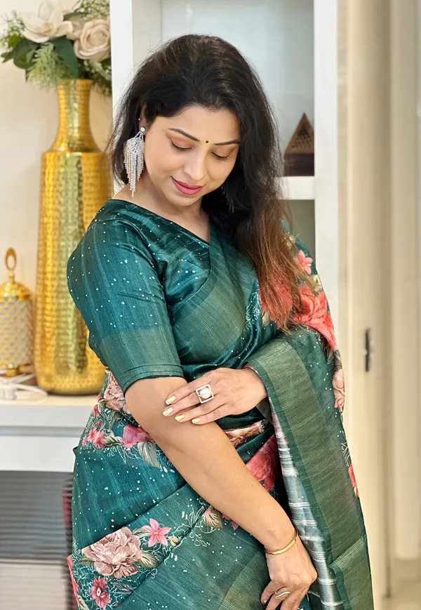 Tanisha_Green_–_Navratri_Special_|_Soft_Tussar_Silk_Saree_with_Print,_Pallu_&_Zari_Border_&_Contrast_Print_Blouse_with_Tassels