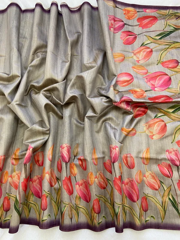Rakhi_Grey_–_Aesthetic_Edit_for_You_|_Soft_Tussar_Silk_Saree_with_Print,_Border_&_Contrast_Print_Blouse_with_Tassels