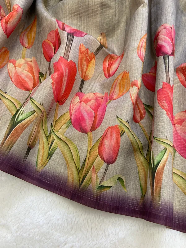 Rakhi_Grey_–_Aesthetic_Edit_for_You_|_Soft_Tussar_Silk_Saree_with_Print,_Border_&_Contrast_Print_Blouse_with_Tassels