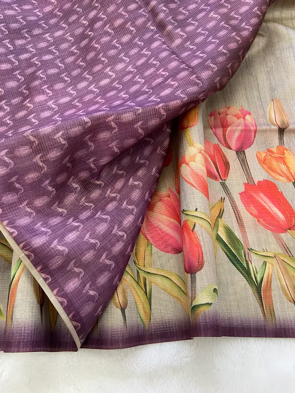 Rakhi_Grey_–_Aesthetic_Edit_for_You_|_Soft_Tussar_Silk_Saree_with_Print,_Border_&_Contrast_Print_Blouse_with_Tassels