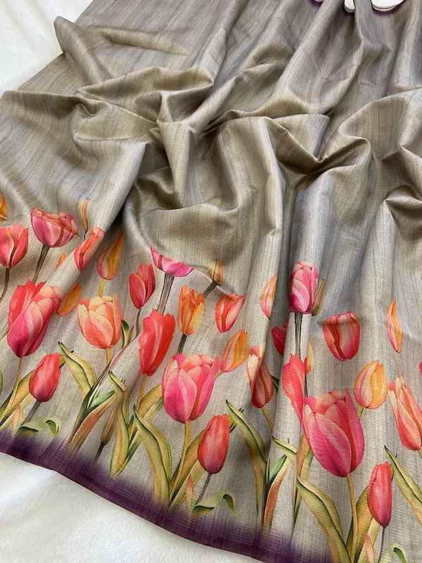 Rakhi_Grey_–_Aesthetic_Edit_for_You_|_Soft_Tussar_Silk_Saree_with_Print,_Border_&_Contrast_Print_Blouse_with_Tassels