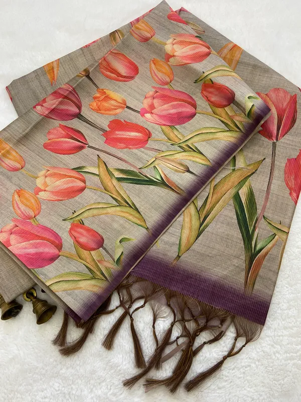 Rakhi_Grey_–_Aesthetic_Edit_for_You_|_Soft_Tussar_Silk_Saree_with_Print,_Border_&_Contrast_Print_Blouse_with_Tassels