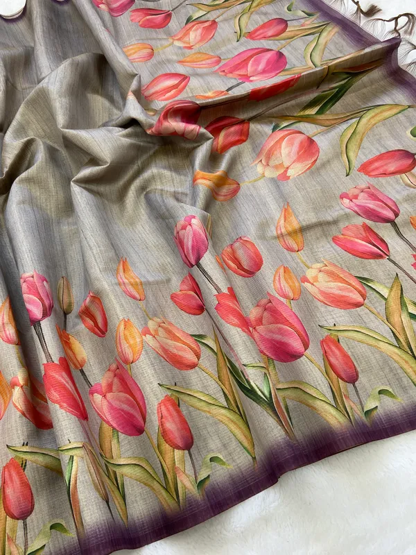Rakhi_Grey_–_Aesthetic_Edit_for_You_|_Soft_Tussar_Silk_Saree_with_Print,_Border_&_Contrast_Print_Blouse_with_Tassels