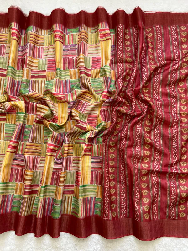 Omya_Maroon_–_Aesthetic_Edit_for_You_|_Soft_Tussar_Silk_Saree_with_Print,_Slub_Pattern_&_Print_Blouse_with_Tassels
