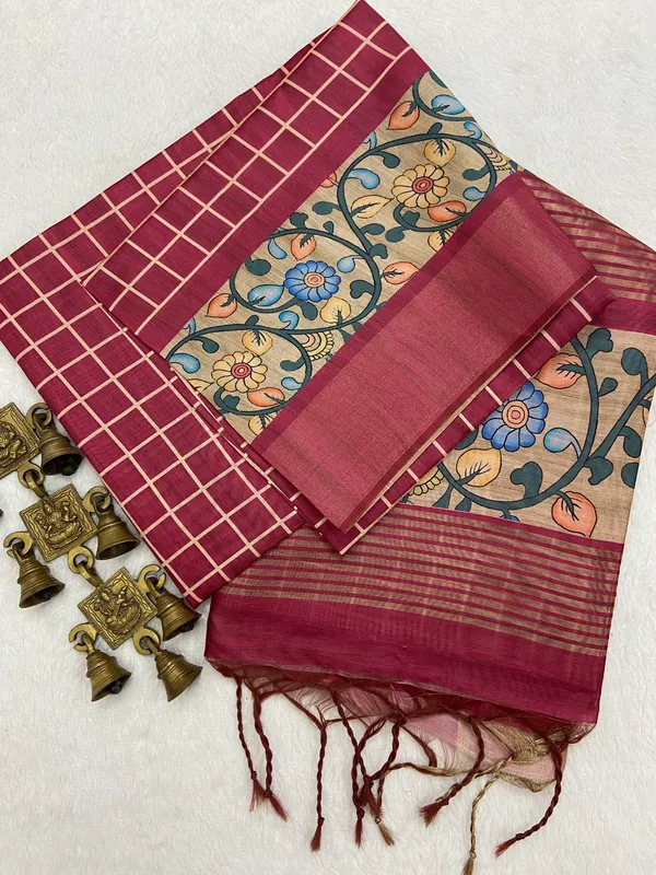 Soft_Tussar_Silk_sarees_with_Beautiful_Print_With_Attractive_Border_And_Contrast_Print_Blouse_With_Tassels_in_new_styles