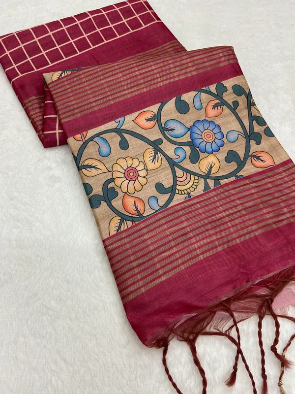 Soft_Tussar_Silk_sarees_with_Beautiful_Print_With_Attractive_Border_And_Contrast_Print_Blouse_With_Tassels_in_new_styles