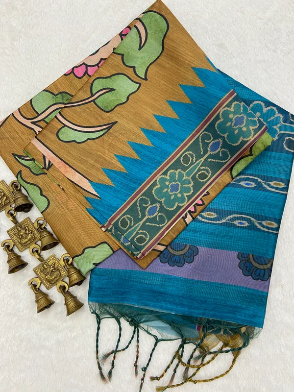 Bimala_Mehendi_Green_–_Pure_Navratri_Special_|_Soft_Tussar_Silk_Saree_with_Print,_Border_&_Contrast_Print_Blouse_with_Tassels