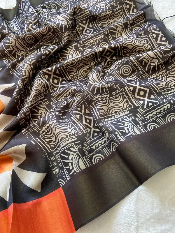 Anjali_Orange_No.1_–_Devotional_Diwali_Special_|_Soft_Tussar_Silk_Saree_with_Print,_Border_&_Contrast_Print_Blouse_with_Tassels
