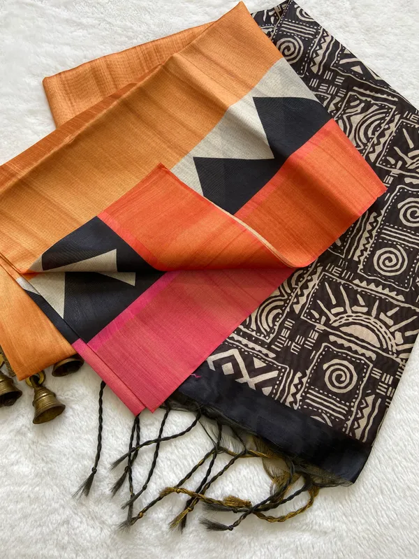 Anjali_Orange_No.1_–_Devotional_Diwali_Special_|_Soft_Tussar_Silk_Saree_with_Print,_Border_&_Contrast_Print_Blouse_with_Tassels
