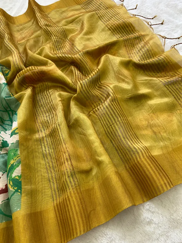 Anusha_Yellow_–_Zari_Line_Diwali_Special_|_Soft_Tussar_Silk_Saree_with_Print,_Zari_Line_Saree_&_Print_Blouse_with_Tassels