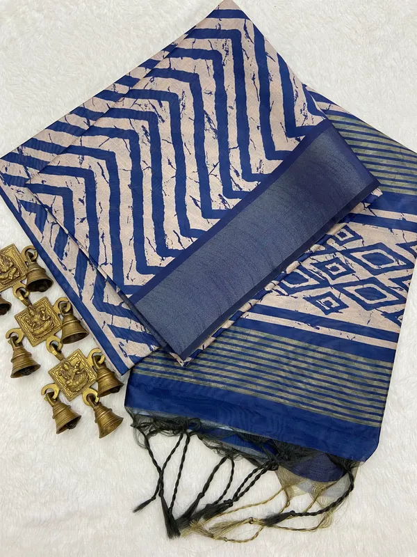 Soft_Tussar_Silk_sarees_with_Beautiful_Print_With_Attractive_Border_And_Contrast_Print_Blouse_With_Tassels_in_new_styles