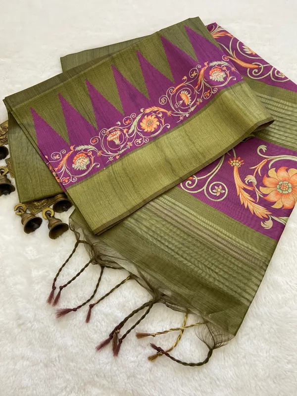 Rani_Green_–_Queenly_Navratri_Special_|_Soft_Tussar_Silk_Saree_with_Print,_Border_&_Contrast_Print_Blouse