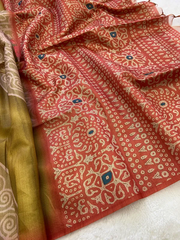 Navi_Red_&_Mustard_–_Fresh_Diwali_Special_|_Soft_Tussar_Silk_Saree_with_Print,_Pallu_&_Contrast_Print_Blouse_with_Tassels