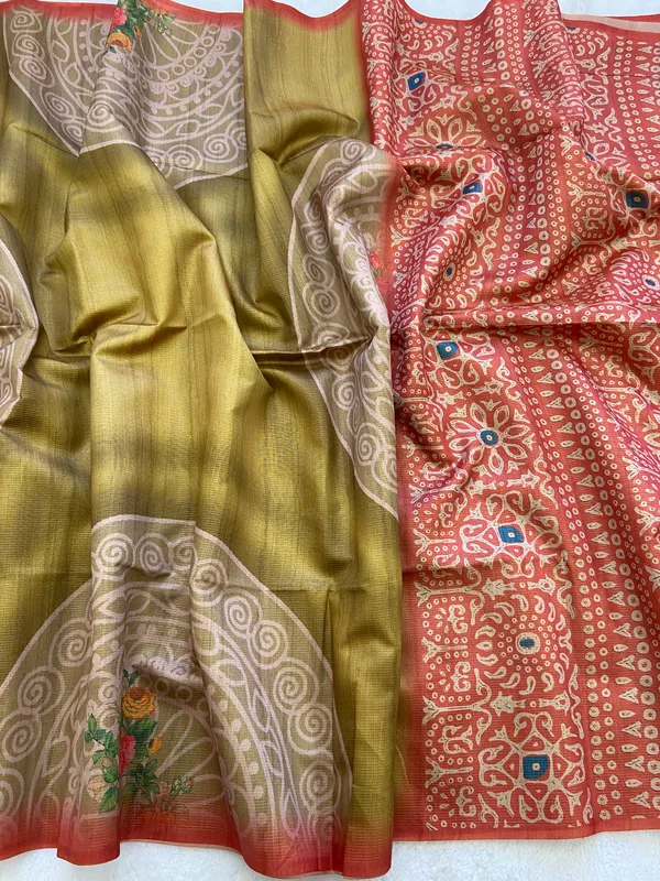 Navi_Red_&_Mustard_–_Fresh_Diwali_Special_|_Soft_Tussar_Silk_Saree_with_Print,_Pallu_&_Contrast_Print_Blouse_with_Tassels