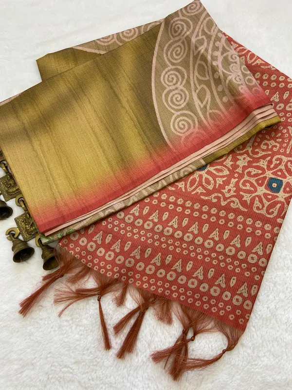 Navi_Red_&_Mustard_–_Fresh_Diwali_Special_|_Soft_Tussar_Silk_Saree_with_Print,_Pallu_&_Contrast_Print_Blouse_with_Tassels