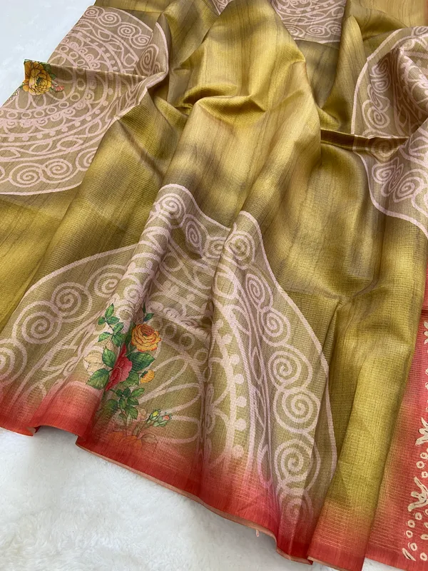 Navi_Red_&_Mustard_–_Fresh_Diwali_Special_|_Soft_Tussar_Silk_Saree_with_Print,_Pallu_&_Contrast_Print_Blouse_with_Tassels