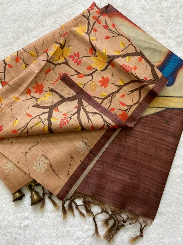 Indira_Coffee_Brown_–_Prosperous_Aesthetic_Edit_for_You_|_Soft_Tussar_Silk_Saree_with_Print,_Zari_Line_Saree_&_Print_Blouse_with_Tassels