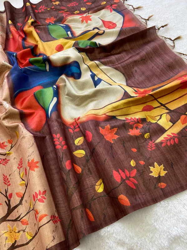 Indira_Coffee_Brown_–_Prosperous_Aesthetic_Edit_for_You_|_Soft_Tussar_Silk_Saree_with_Print,_Zari_Line_Saree_&_Print_Blouse_with_Tassels