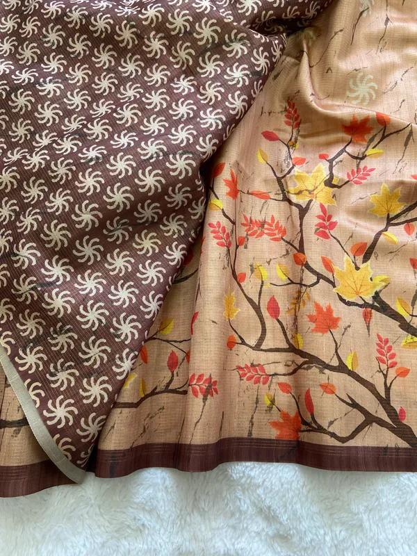 Indira_Coffee_Brown_–_Prosperous_Aesthetic_Edit_for_You_|_Soft_Tussar_Silk_Saree_with_Print,_Zari_Line_Saree_&_Print_Blouse_with_Tassels