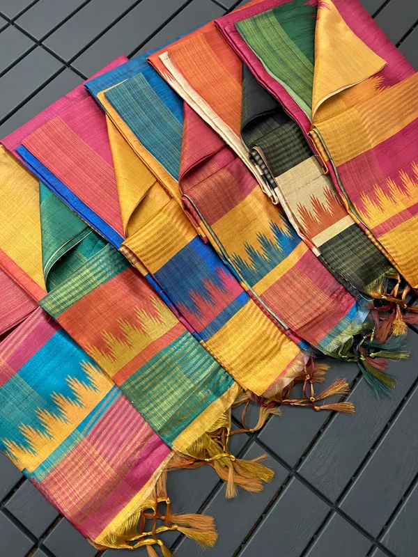 Malavika_Blue_&_Yellow_&_Pink_–_Festive_Season_Special_|_Soft_Tussar_Silk_Saree_with_Print,_Border_&_Contrast_Print_Blouse_with_Tassels