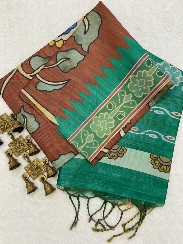 Bimala_Coffee_Brown_–_Pure_Aesthetic_Edit_for_You_|_Soft_Tussar_Silk_Saree_with_Print,_Border_&_Contrast_Print_Blouse_with_Tassels