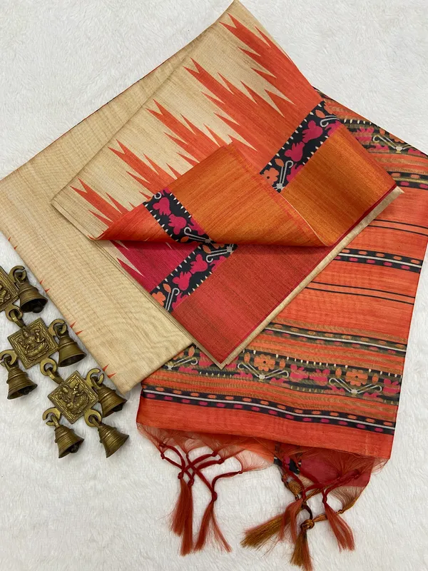 Lekha_Orange_–_Diwali_Special_|_Soft_Tussar_Silk_Saree_with_Print,_Border_&_Contrast_Print_Blouse_with_Tassels