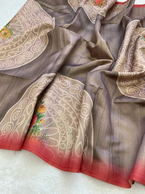 Soft_Tussar_Silk_sarees_with_Beautiful_Print_With_Attractive_Pallu_And_Contrast_Print_Blouse_With_Tassels