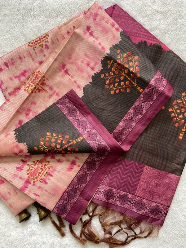 Tejal_Pink_–_Radiant_Navratri_Special_|_Soft_Tussar_Silk_Saree_with_Print,_Pallu_&_Contrast_Print_Blouse_with_Tassels