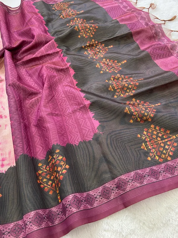 Tejal_Pink_–_Radiant_Navratri_Special_|_Soft_Tussar_Silk_Saree_with_Print,_Pallu_&_Contrast_Print_Blouse_with_Tassels