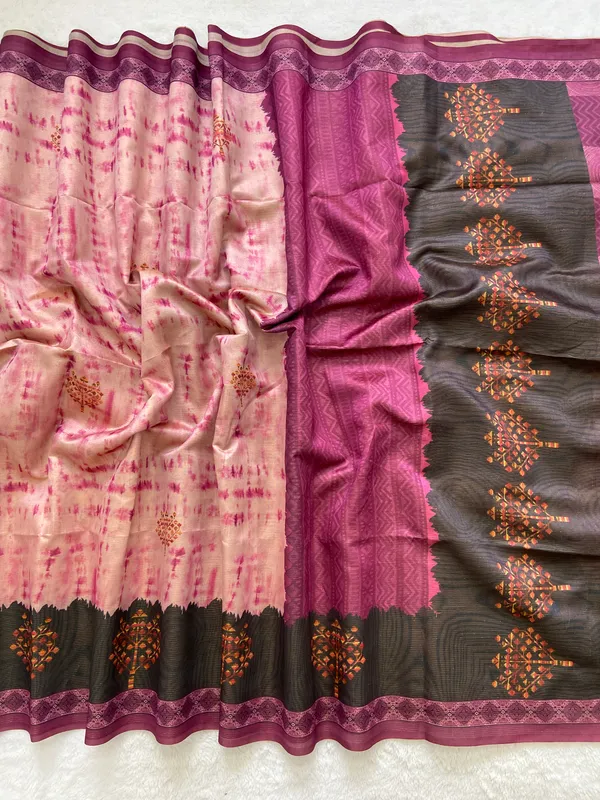 Tejal_Pink_–_Radiant_Navratri_Special_|_Soft_Tussar_Silk_Saree_with_Print,_Pallu_&_Contrast_Print_Blouse_with_Tassels
