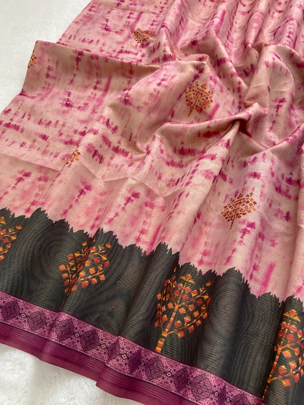 Tejal_Pink_–_Radiant_Navratri_Special_|_Soft_Tussar_Silk_Saree_with_Print,_Pallu_&_Contrast_Print_Blouse_with_Tassels
