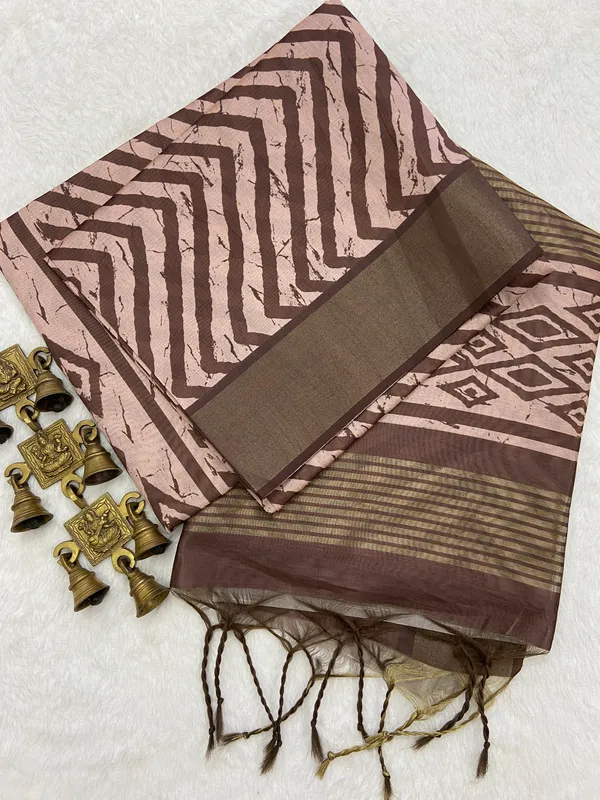 Ganga_Coffee_Brown_–_Sacred_Aesthetic_Edit_for_You_|_Soft_Tussar_Silk_Saree_with_Print,_Border_&_Contrast_Print_Blouse_with_Tassels