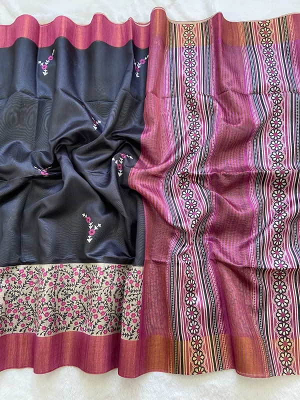 Soft_Tussar_Silk_sarees_with_Beautiful_Print_With_Attractive_Border_And_Contrast_Print_Blouse_With_Tassels