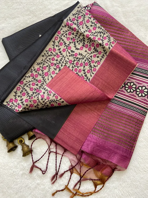 Soft_Tussar_Silk_sarees_with_Beautiful_Print_With_Attractive_Border_And_Contrast_Print_Blouse_With_Tassels
