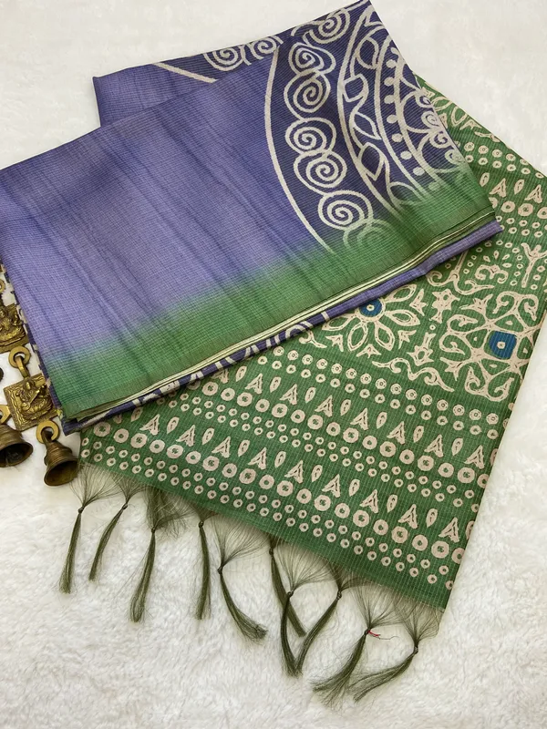 Navi_Green_&_Blue_–_Fresh_Festive_Season_Special_|_Soft_Tussar_Silk_Saree_with_Print,_Pallu_&_Contrast_Print_Blouse_with_Tassels