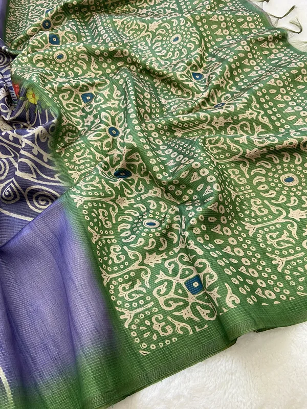 Navi_Green_&_Blue_–_Fresh_Festive_Season_Special_|_Soft_Tussar_Silk_Saree_with_Print,_Pallu_&_Contrast_Print_Blouse_with_Tassels