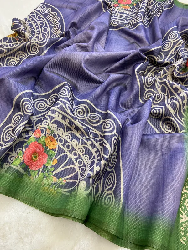Navi_Green_&_Blue_–_Fresh_Festive_Season_Special_|_Soft_Tussar_Silk_Saree_with_Print,_Pallu_&_Contrast_Print_Blouse_with_Tassels
