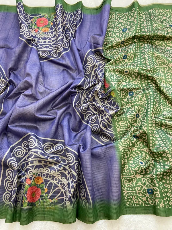 Navi_Green_&_Blue_–_Fresh_Festive_Season_Special_|_Soft_Tussar_Silk_Saree_with_Print,_Pallu_&_Contrast_Print_Blouse_with_Tassels