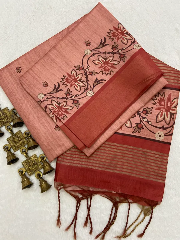 Charvi_2_Red_–_Graceful_Diwali_Special_|_Soft_Tussar_Silk_Saree_with_Print,_Border_&_Contrast_Print_Blouse_with_Tassels