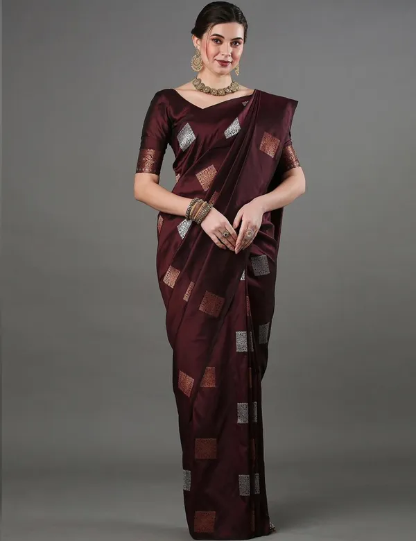 Wine_Soft_Banarasi_Silk_Saree_With_Blouse_Piece