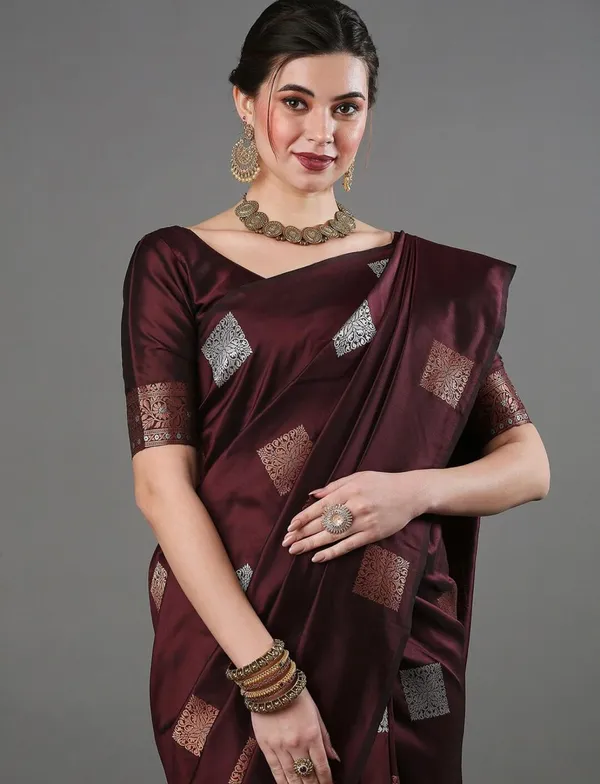 Wine_Soft_Banarasi_Silk_Saree_With_Blouse_Piece