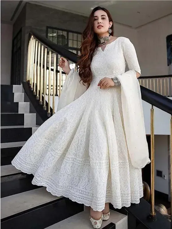 libas online Snow White Cotton Ethnic Chikankari Anarkali Kurti With