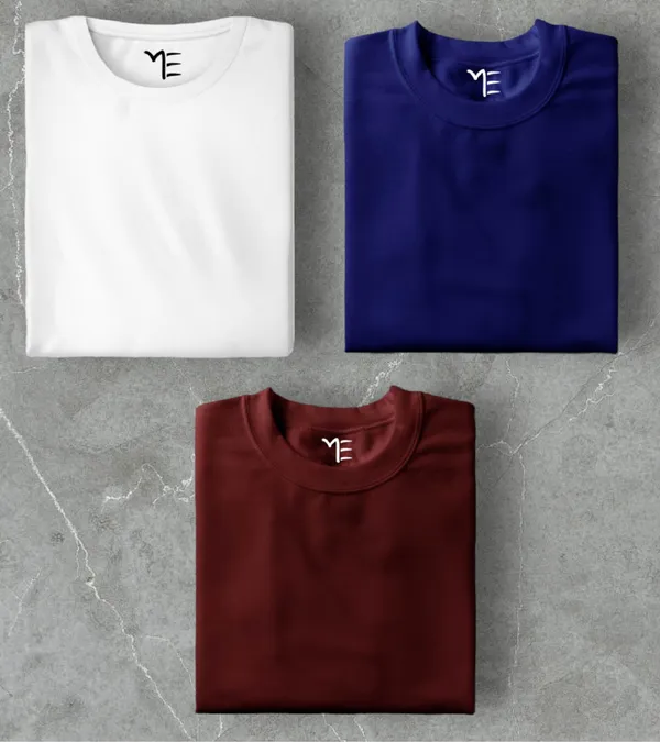 Unisex_Cotton_White,_Navy,_Maroon_Round_Neck_T-Shirt_Pack_Of_3