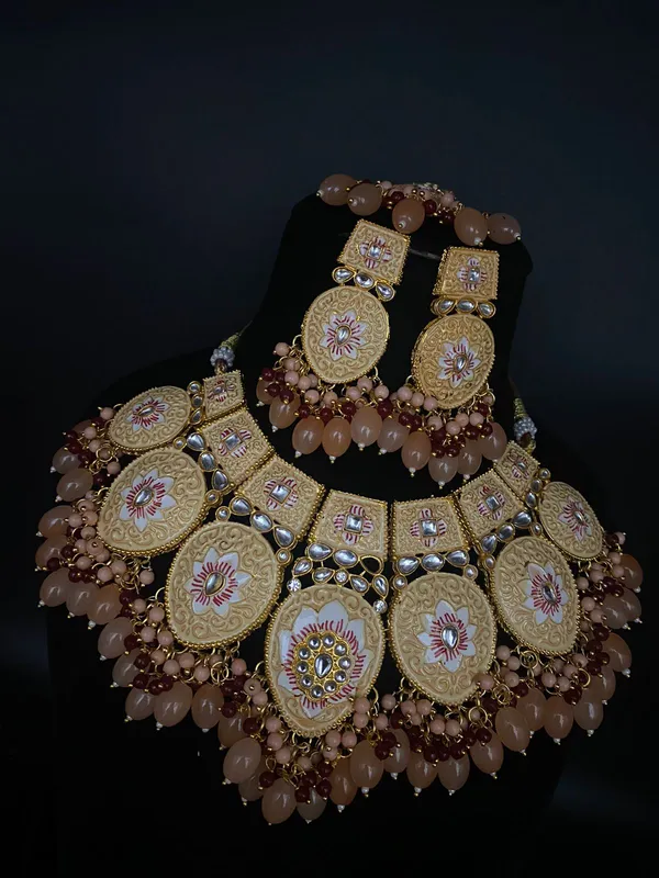 Handmade_Meena_Kari_Peach_Necklace_Set_and_Earrings_with_Maang_Tikka