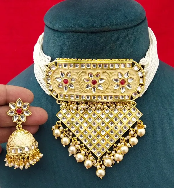 White_Choker_Necklace_Set_and_Earrings_with_Jhumka_Earring