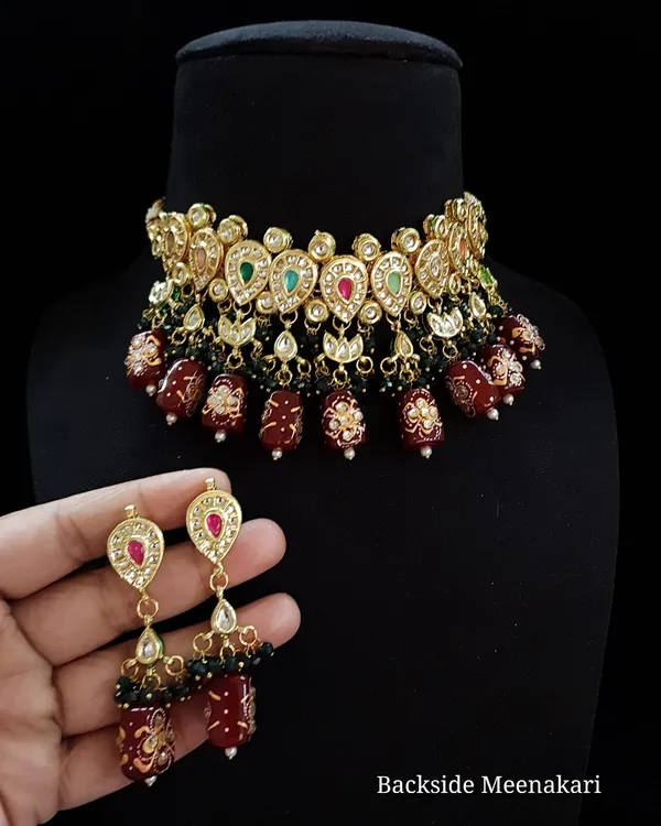 Brass__Choker_Kundan_Meena_Necklace_Set_and_Earrings